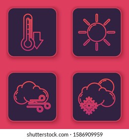 Set line Thermometer, Windy weather, Sun and Cloud with snow and sun. Blue square button. Vector