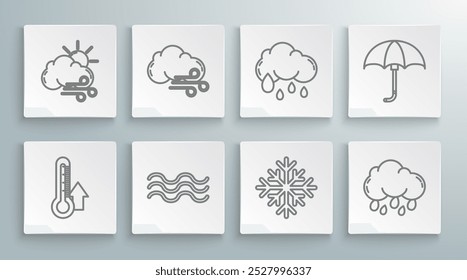 Set line Thermometer, Windy weather, Waves, Snowflake, Cloud with rain, Classic elegant opened umbrella and  icon. Vector