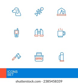 Set line Thermos container, Ammunition box, Wooden axe, Coffee cup, Walkie talkie, Binoculars, Tourist tent and Dead fish icon. Vector