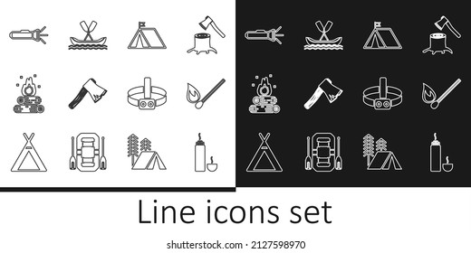 Set line Thermos container, Burning match with fire, Tourist tent flag, Old wooden axe, Campfire, Flashlight, Head flashlight and Rafting boat icon. Vector