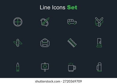 Linha Set Recipiente térmico, Xícara de café, Esporte alvo, Bala, Cartuchos, Cinto de cartucho de caça, Mochila de caminhada e ícone de faca do exército suíço. Vetor