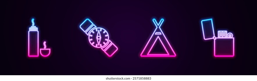 Set line Thermos container, Compass, Tourist tent and Lighter. Glowing neon icon. Vector