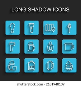 Set line Thermos container and cup, Hiking backpack, Chicken leg, Carabiner, Tree, Camping metal mug and Canteen water bottle icon. Vector