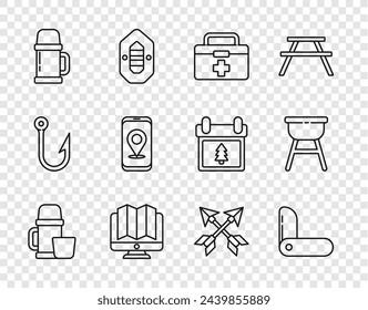 Set line Thermos container and cup, Swiss army knife, First aid kit, Location of the forest monitor, City map navigation, Crossed arrows and Barbecue grill icon. Vector
