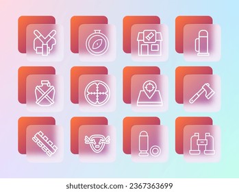 Fijar la línea Contenedor de Termos, Escudo de antílamos de ciervos, Lugar de caza, Bullet, Vista óptica de francotirador, Tienda de caza, Slingshot e icono de brújula. Vector