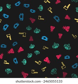 Set line Thermos container, Head flashlight, Old wooden axe and Campfire on seamless pattern. Vector