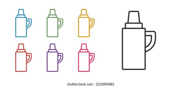 Set line Thermos Container Symbol einzeln auf weißem Hintergrund. Thermo-Kolben-Symbol. Camping- und Wanderausrüstung. Stellen Sie die Symbole bunt ein. Vektorgrafik