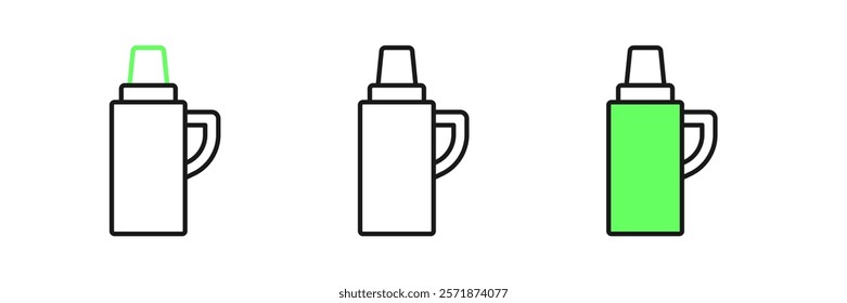 Set line Thermos container icon isolated on white background. Thermo flask icon. Camping and hiking equipment.  Vector