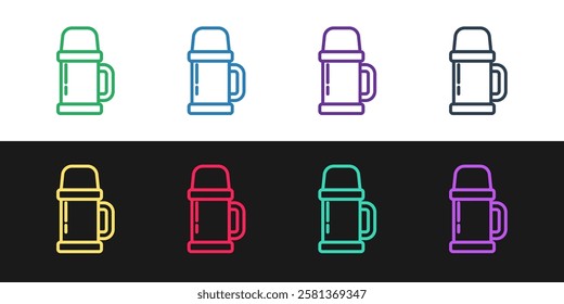 Set line Thermos container icon isolated on black and white background. Thermo flask icon. Camping and hiking equipment.  Vector Illustration