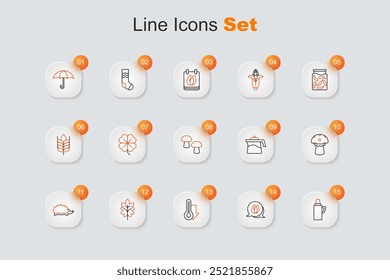 Set line Thermos container, Leaf, Thermometer, Hedgehog, Mushroom, Teapot and  icon. Vector