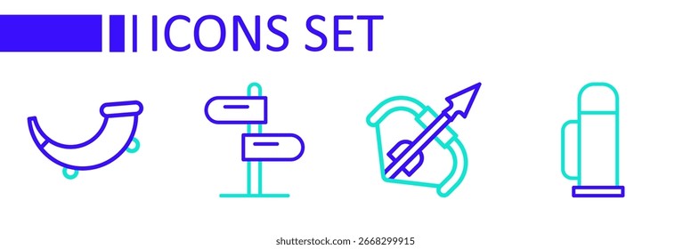 Set line Thermos container, Medieval bow and arrow, Road traffic sign and Hunting horn icon. Vector