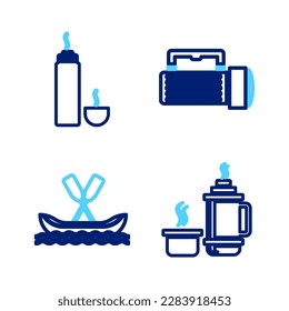 Set line Thermos container, Rafting boat, Flashlight and  icon. Vector