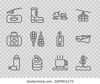 Set line Thermos container, Road traffic signpost, Snowmobile, Stone for curling, Winter fishing, Snowshoes, Hot chocolate cup and Biathlon rifle icon. Vector