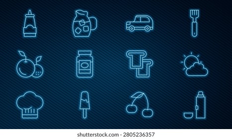 Set line Thermos container, Sun and cloud weather, Car, Jam jar, Fruit, Sauce bottle, Bread toast and Jug glass with water icon. Vector