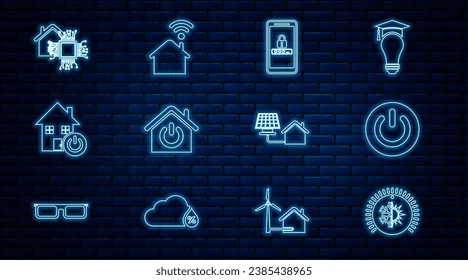 Fijar línea Termostat, botón de encendido, Protección móvil y contraseña, Smart Home, House con panel solar e icono wi-fi. Vector