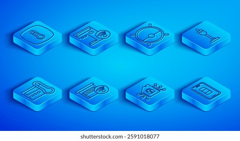 Set line Thermostat, Smart coffee machine, Robot vacuum cleaner, garage, home, Vacuum,  and Smartphone battery charge icon. Vector