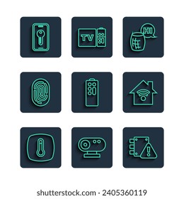 Set line Thermostat, Web camera, House under protection, Voice assistant, Remote control, Fingerprint, Smart key and home with wi-fi icon. Vector