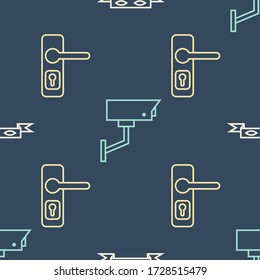 Set line Thief eye mask, Door handle and Security camera on seamless pattern. Vector