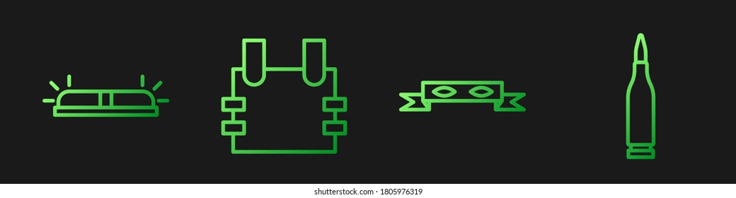 Set line Thief eye mask, Flasher siren, Bulletproof vest and Bullet. Gradient color icons. Vector