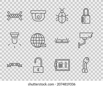 Set line Thief eye mask, Police electric shocker, System bug concept,  Open padlock, Barbed wire, Social network, Safe and Security camera icon. Vector