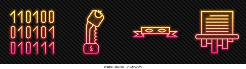 Fijar la línea Máscara ocular del ladrón, código binario, choque eléctrico de la policía y triturador de papel. Icono de neón brillante. Vector