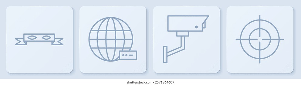 Set line Thief eye mask, Security camera, Social network and Target sport. White square button. Vector