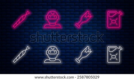 Set line Thief mask, Broken bottle weapon, Marijuana joint and Canister fuel. Glowing neon icon on brick wall. Vector
