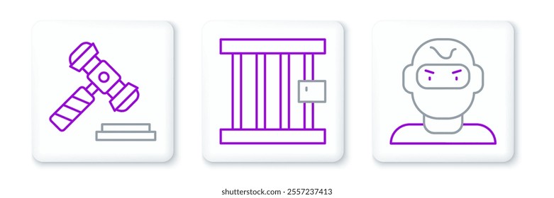 Set line Thief mask, Judge gavel and Prison window icon. Vector