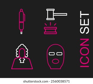 Set line Thief mask, Judge, gavel and Pen icon. Vector