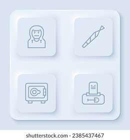Set line Thief mask, Marijuana joint, Safe and Grave with tombstone. White square button. Vector