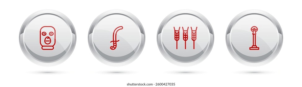 Set line Thief mask, Medieval sword, Wheat and Monument of Independence. Silver circle button. Vector