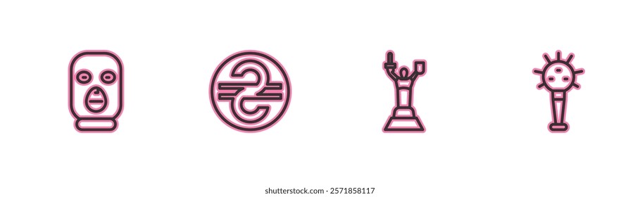 Set line Thief mask, Mother Motherland monument, Ukrainian hryvnia and Mace icon. Vector