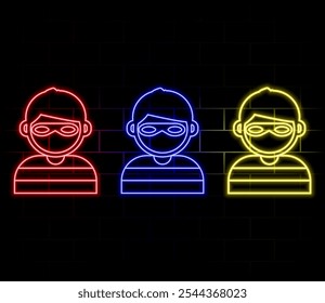 Diebstahlmaske und Kartenspielsymbol festlegen. Leuchtendes Neon. Vektor.