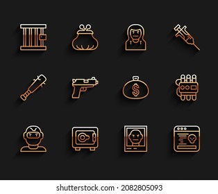 Set-Line-Dieb-Maske, Safe, Gefängnis-Fenster, Wunschposter, System-Bug, Pistol oder Pistole, Dynamite und Timer-Uhr und Geldbeutel-Symbol. Vektorgrafik