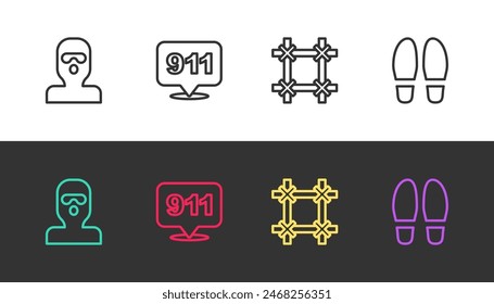 Set line Thief mask, Telephone call 911, Prison window and Footsteps on black and white. Vector