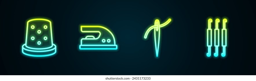 Set line Thimble for sewing, Electric iron, Needle with thread and Crochet hook. Glowing neon icon. Vector