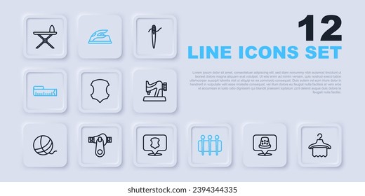 Set line Thimble for sewing, Hanger wardrobe, Leather, Needle, Tape measure, Zipper, Electric iron and  icon. Vector