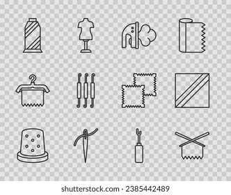 Set line Thimble for sewing, Knitting needles, Electric iron, Needle with thread, Sewing spool, Crochet hook, Awl tool and Textile fabric roll icon. Vector