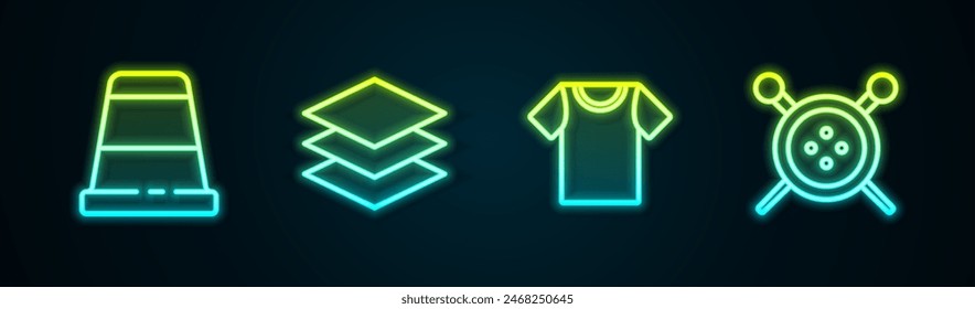 Set line Thimble for sewing, Layers clothing textile, T-shirt and Sewing button and knitting needles. Glowing neon icon. Vector