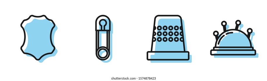 Set line Thimble for sewing, Leather, Classic closed steel safety pin and Needle bed and needles icon. Vector