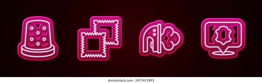 Set line Thimble for sewing, Textile fabric roll, Electric iron and Leather. Glowing neon icon. Vector
