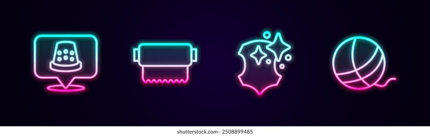 Set line Thimble for sewing, Textile fabric roll, Leather and Yarn ball. Glowing neon icon. Vector