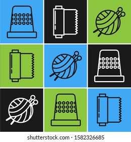 Set line Thimble for sewing, Yarn ball with knitting needles and Textile fabric roll icon. Vector