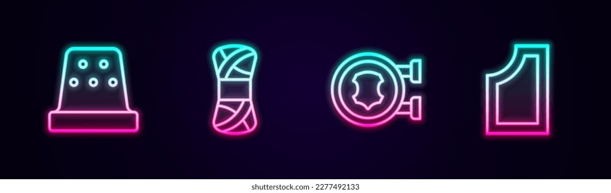 Set line Thimble for sewing, Yarn, Leather and Sewing pattern. Glowing neon icon. Vector