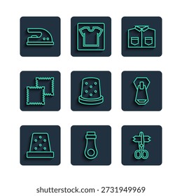 Set-Linie Fingerhut zum Nähen, Reißverschluss, Schere, Hemd, Textilstoff Rolle, Elektrisches Eisen und Ikone. Vektorgrafik