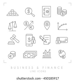 Set of line thin business and financial icons. Gold, graph, safe storage, coins, libra, dollars, gavel, smartphone lock, money card lock, euro dollar exchange, money point.