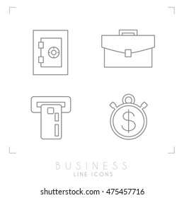 Set of line thin business and financial icons. Safe, atm with card, brief case and stopwatch.