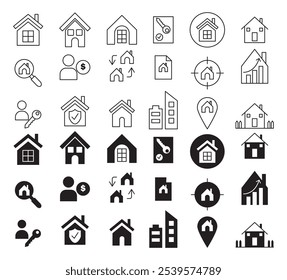 Conjunto de iconos de línea y delgados para bienes raíces, propiedad, compra, alquiler y hogar. Ilustración vectorial