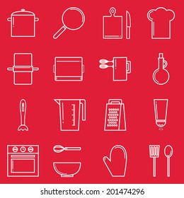 Set of line thin vector icons for cooking and baking, kitchen appliances, cookware, food preparation elements. Isolated on stylish red background