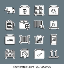 Set line Diese Seite nach oben, Mobile mit App-Tracking, Pappboxen auf Palette, Liefersicherheitsschild, Überprüfung der Lieferliste, LKW-Bewegung und Strichcode-Icon suchen. Vektorgrafik